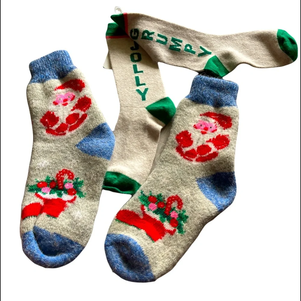 Christmas Socks 2 Pair Vintage Santa Clause Wool Crew Jolly Grumpy Knee Length